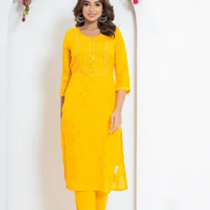 Embroidered Mirror Kurta Set in Yellow