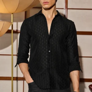Slim Fit Stripes Black Shirt