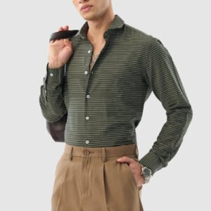 Olive Green Stripes Slim Fit Shirt