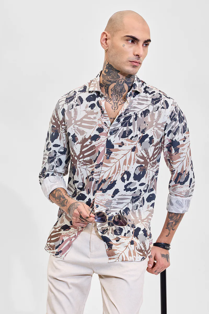 Beige Abstract Slim Fit Shirt - Image 3