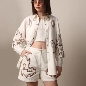 White Embroidered Co-Ord Set Shorts