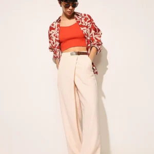 Beige High Rise Belted Pants