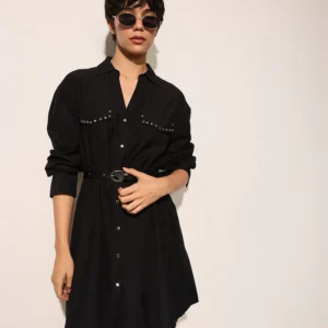 Black Studded Pockets Shirt Dress