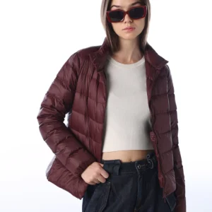 Quilted High Neck Puffer Jacket - Brown