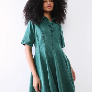 Dark Green Cotton Denim Dress
