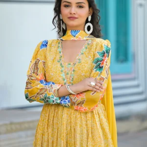 Alia cut floral printed long dress with neck detailing