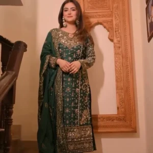 Dark Green Heavy Embroidered Party Wear Kurta With Palazzo & Dupatta For Women