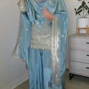 Pastel Blue Elegant Embroidered Sequence Designer Sharara Set For Women