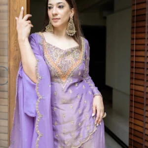 Lavender Designer Simar Silk Embroidered Sharara Set With Dupatta For Women
