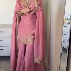 Dusty Rose Pink Designer Chinon Silk Party Wear Top ,Palazzo Set With Dupatta For Women