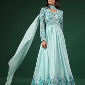 Floral Printed Gown with Handwork embroidery