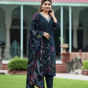 Black Floral Printed Sequined Muslin Suit Set