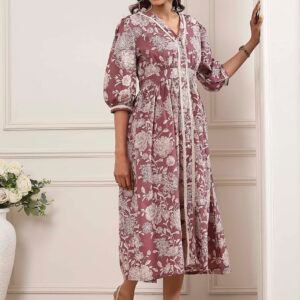 Nude-Colored Cotton Printed Flared A-Line Dress