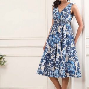 Blue Cotton Printed Kalidar Flared Dress