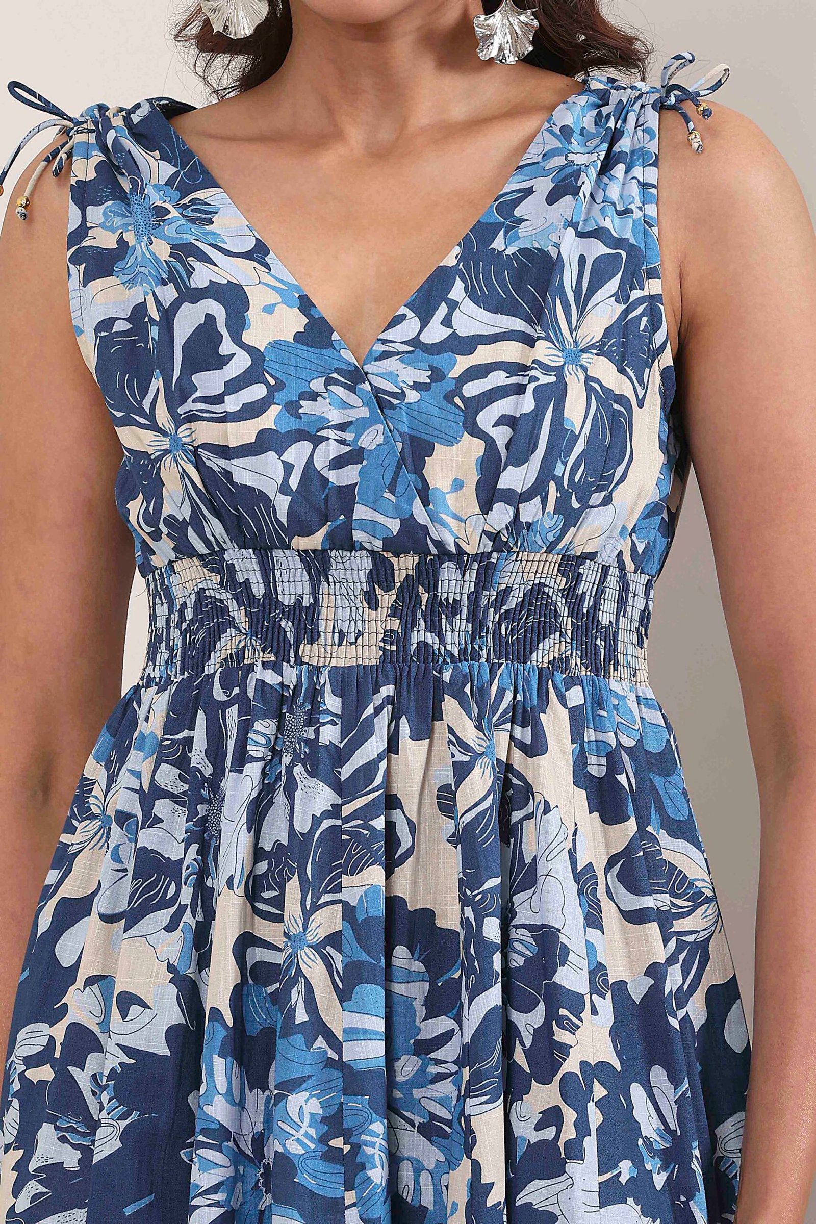Blue Cotton Printed Kalidar Flared Dress - Image 3