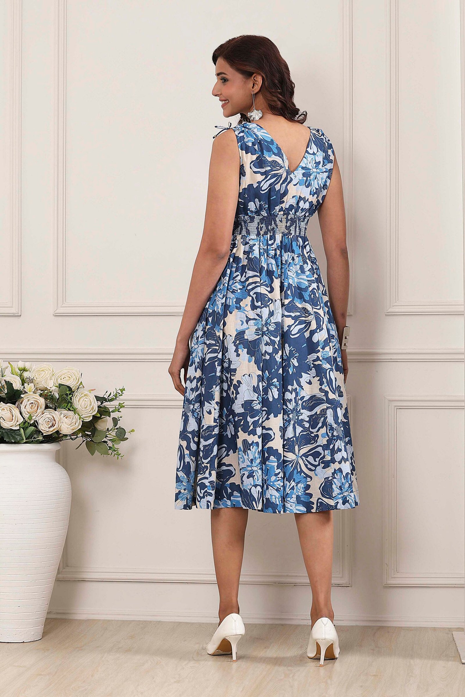 Blue Cotton Printed Kalidar Flared Dress - Image 4