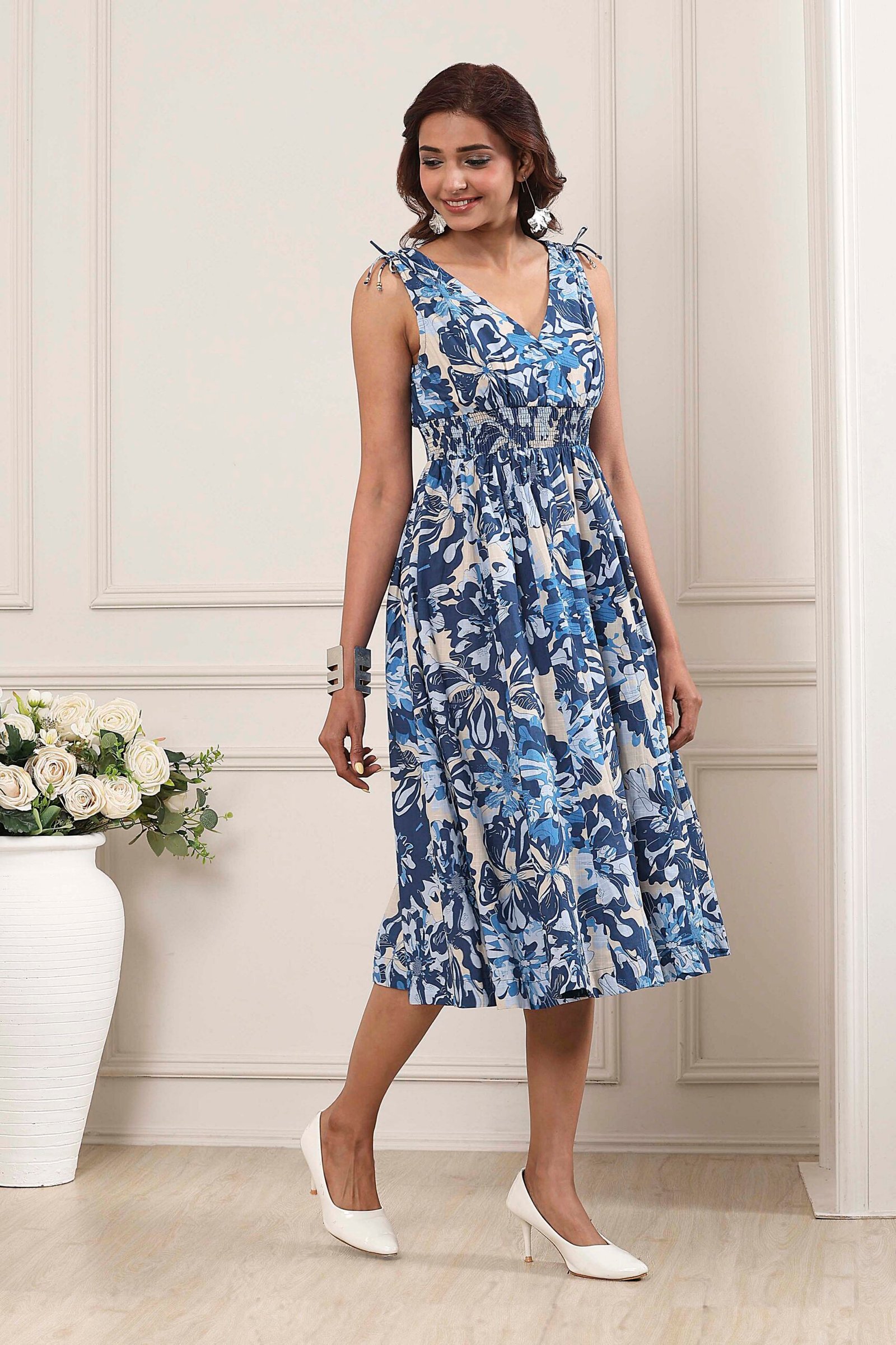 Blue Cotton Printed Kalidar Flared Dress - Image 2