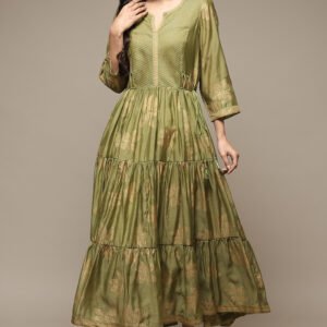 Green Cotton Blend Tiered Printed Dress