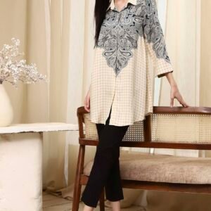Ivory Printed Shirt-Style Straight Short Kurta