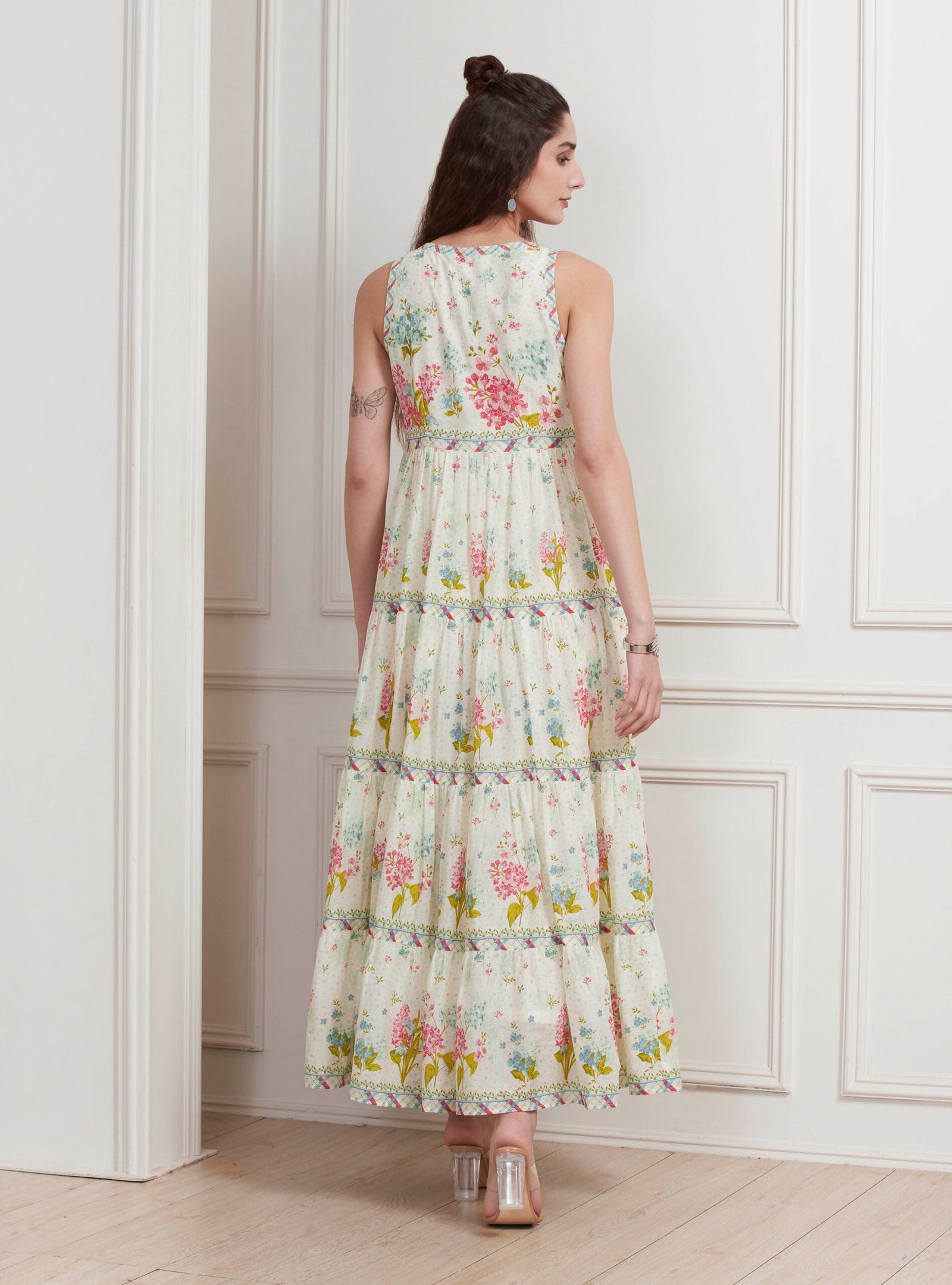 Off-White Cotton Printed Tiered Dress - Image 4
