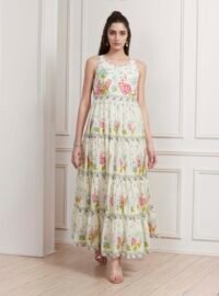 Off-White Cotton Printed Tiered Dress