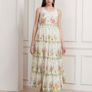 Off-White Cotton Printed Tiered Dress