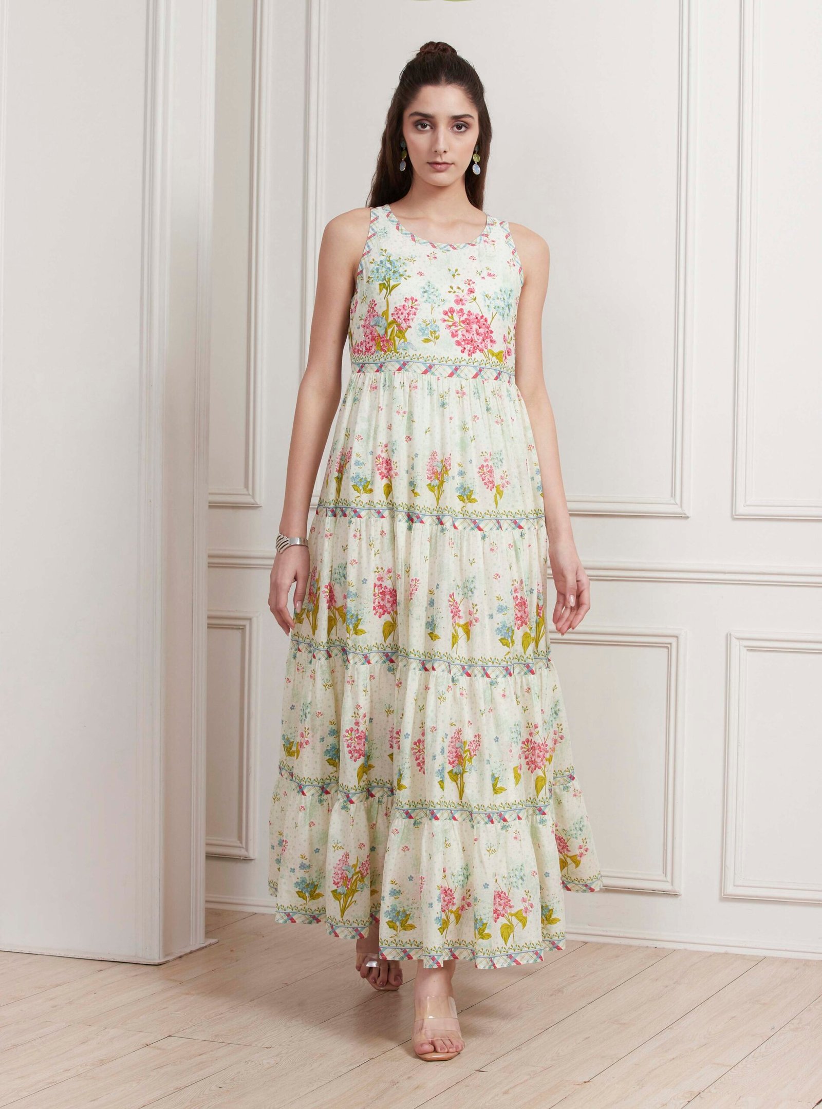 Off-White Cotton Printed Tiered Dress