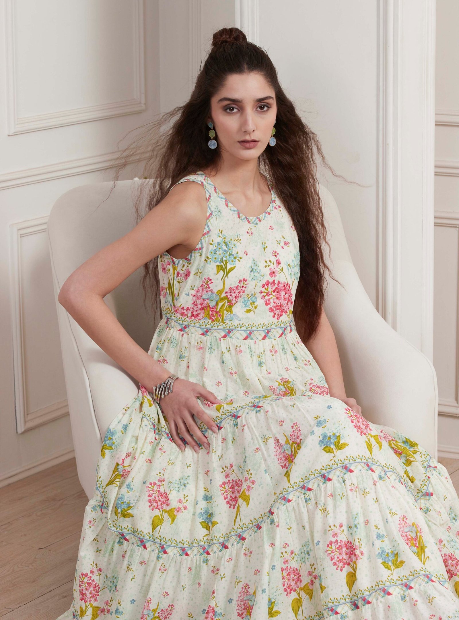 Off-White Cotton Printed Tiered Dress - Image 3