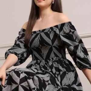 Black Cotton Printed Tiered Dress