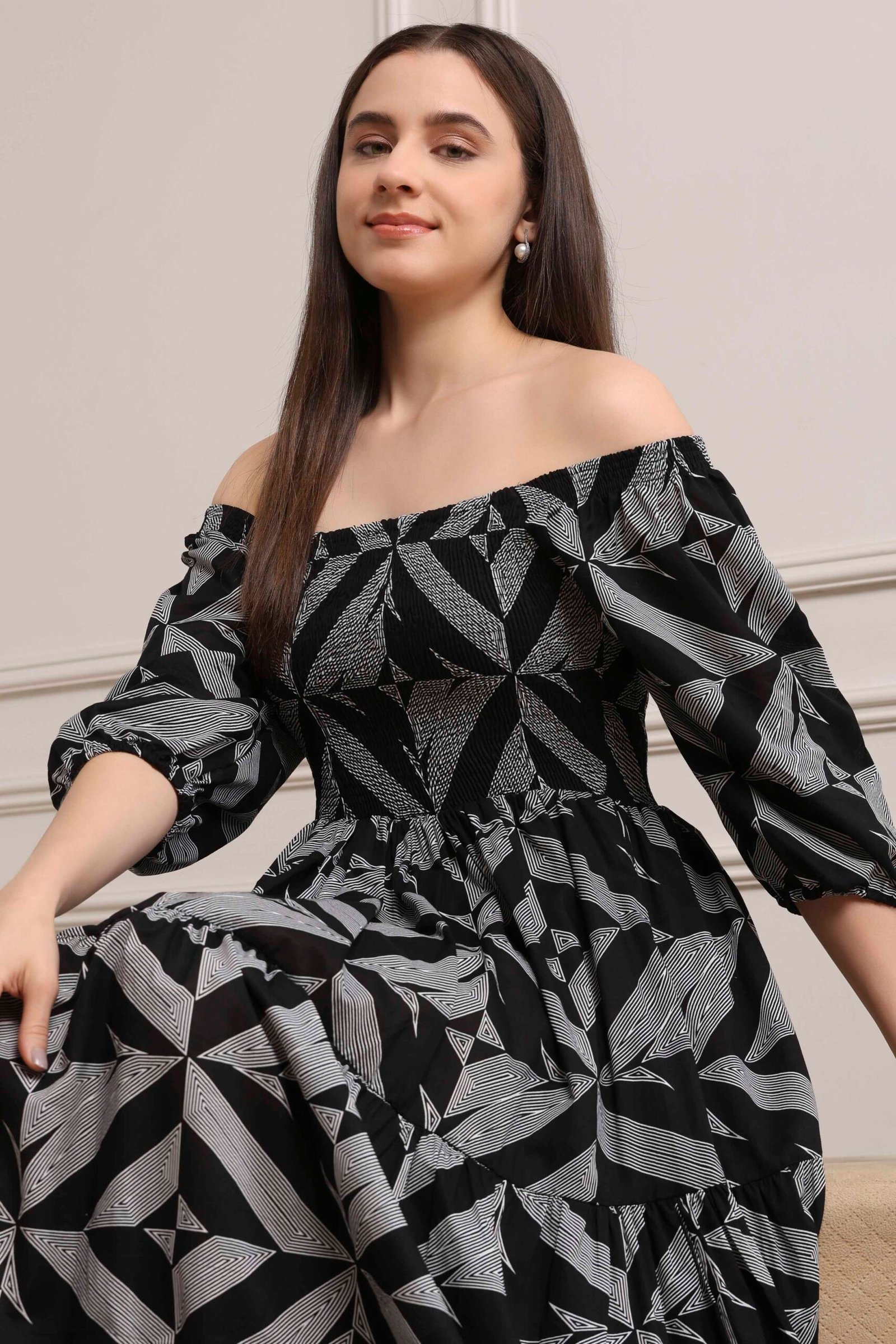 Black Cotton Printed Tiered Dress