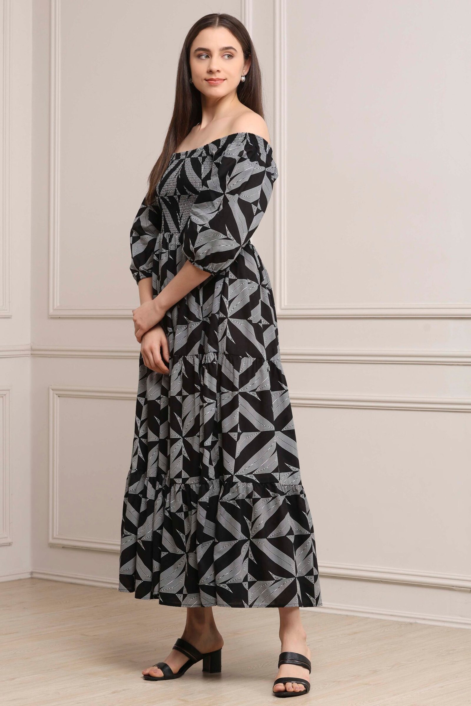 Black Cotton Printed Tiered Dress - Image 4