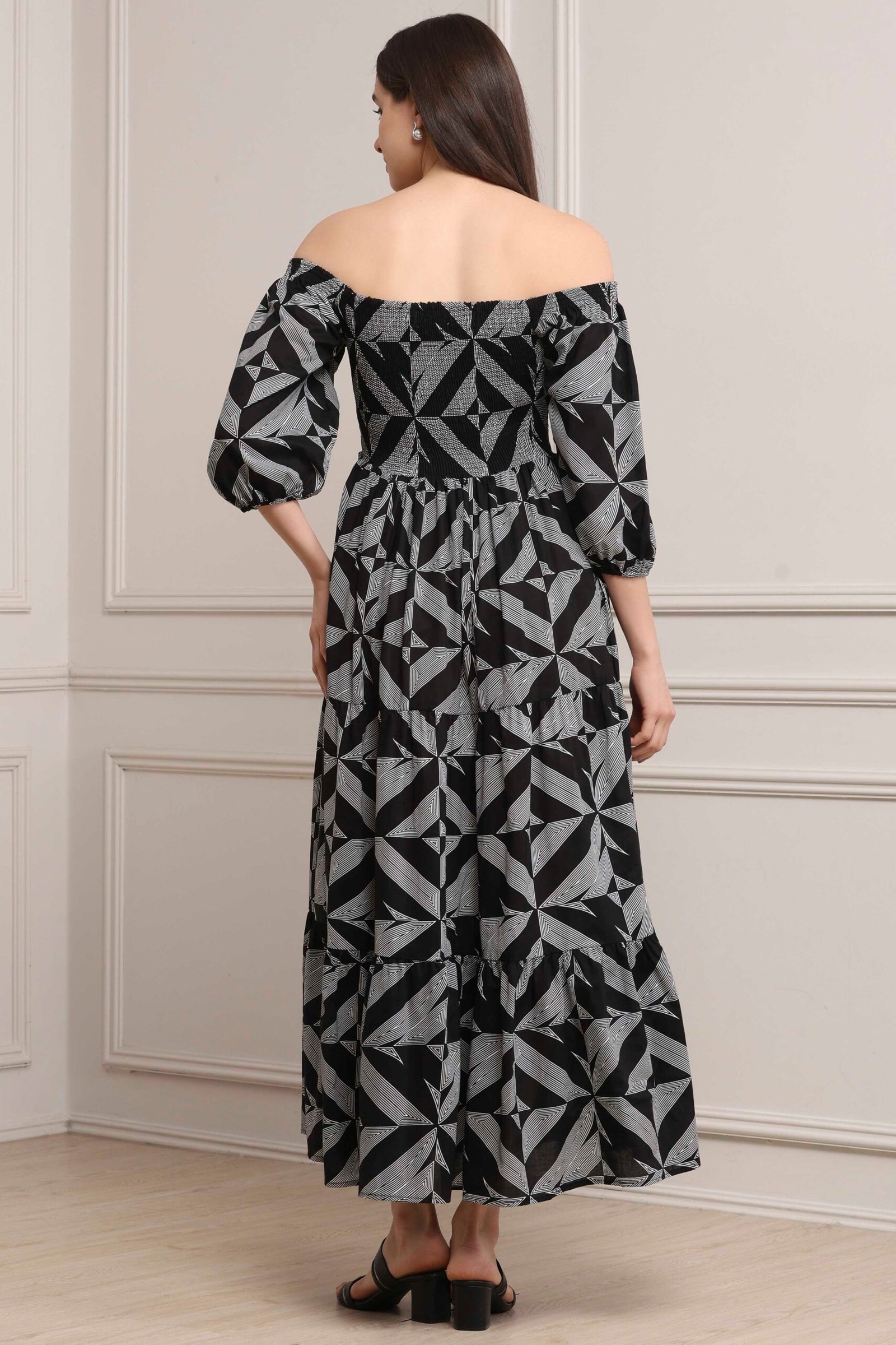 Black Cotton Printed Tiered Dress - Image 5