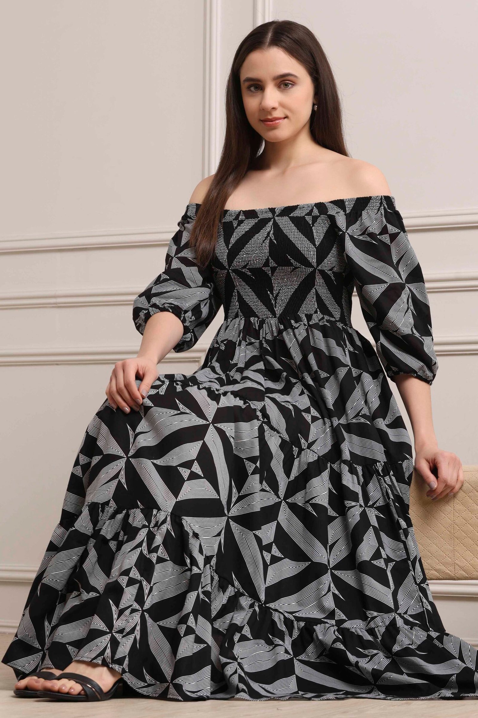 Black Cotton Printed Tiered Dress - Image 3